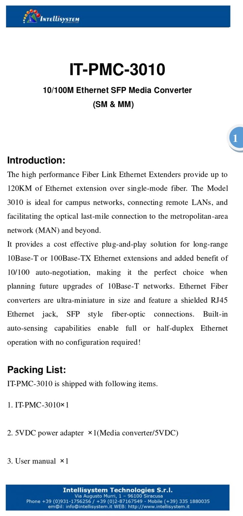 Intellisystem IT-PMC-3010 Manuel utilisateur Intellisystem IT-PMC-3010 Manuel utilisateur
