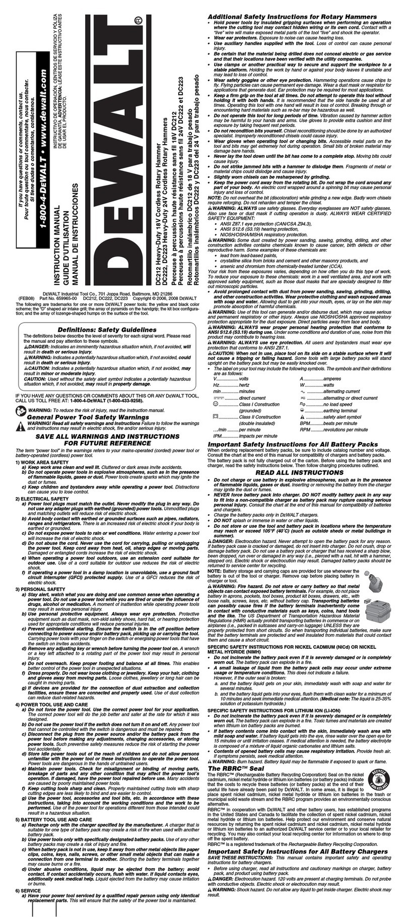 DeWalt DC212 Manuel utilisateur