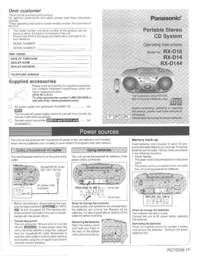 Panasonic RXD16 - RADIO CASSETTE W/CD Manuel utilisateur Panasonic RXD16 - RADIO CASSETTE W/CD Manuel utilisateur
