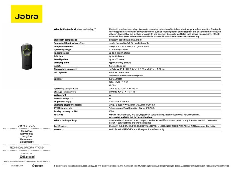 Jabra BT2070 - Headset - In-ear ear-bud Manuel utilisateur