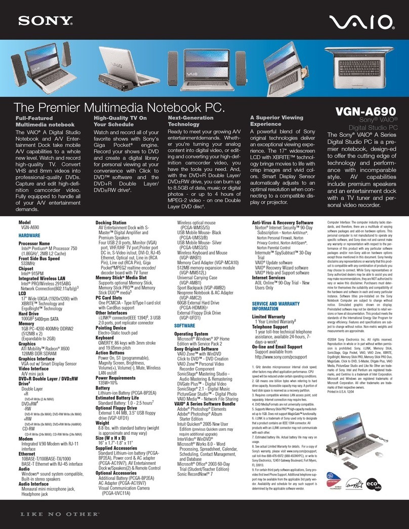 Sony VGN-A690 - VAIO - Pentium M 1.86 GHz Manuel utilisateur