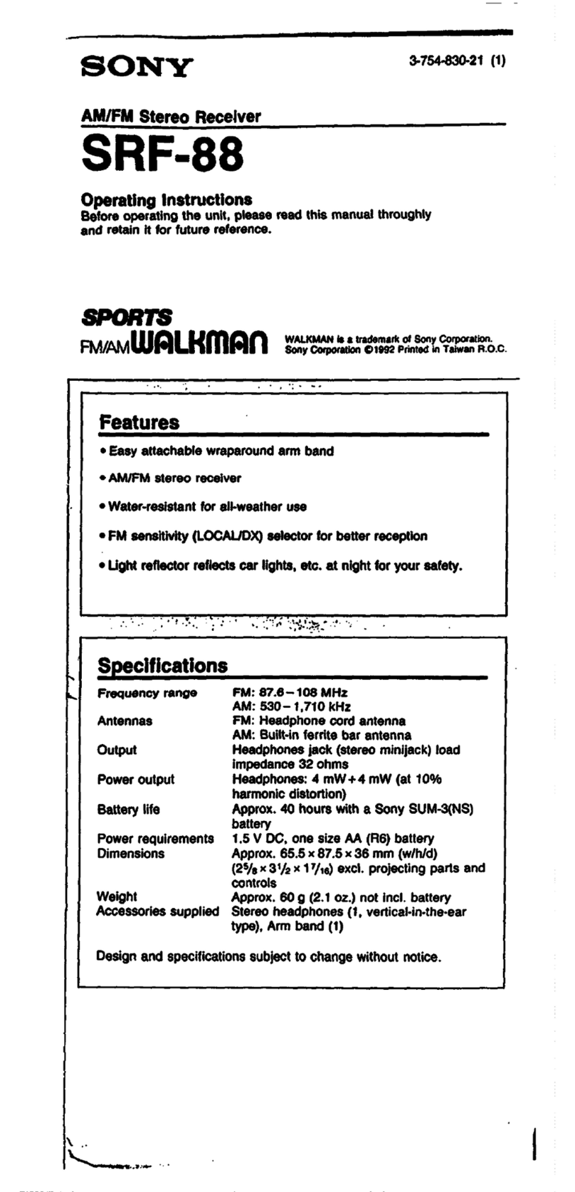 Sony Sports Walkman SRF-88 Manuel utilisateur