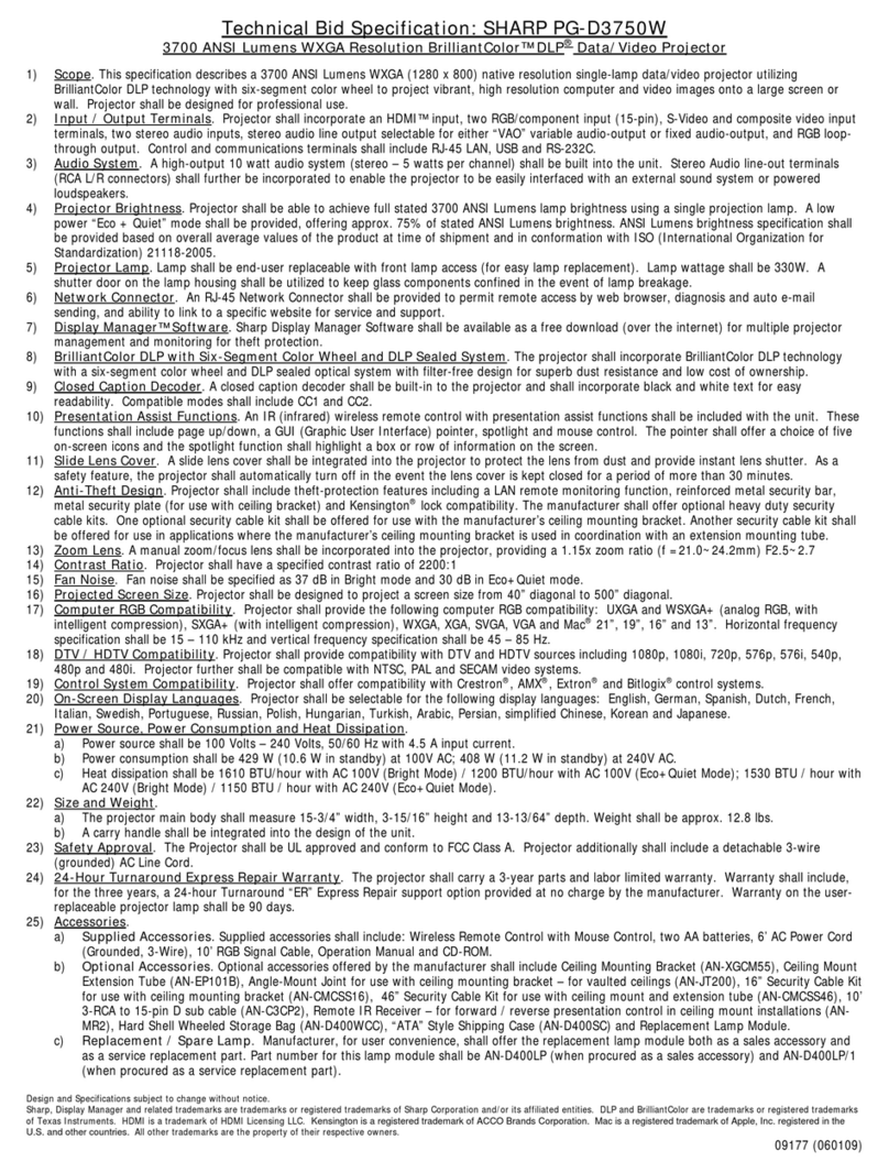 Sharp PG-D3750W - WXGA DLP Projector 720p Manuel utilisateur