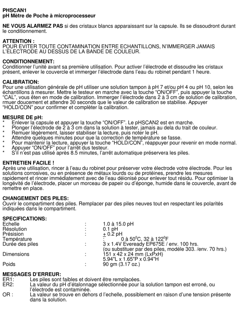 EUTECH INSTRUMENTS STANDARD PHSCAN 1 PH TESTER Manuel utilisateur