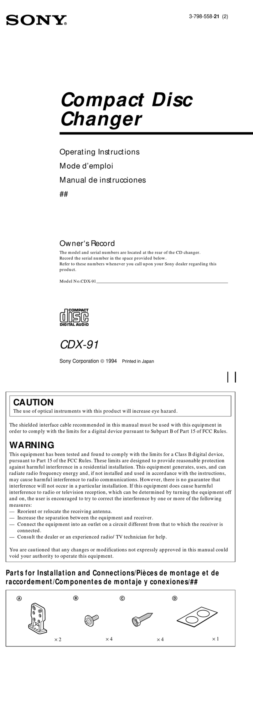 Sony CDX91 Manuel utilisateur Sony CDX91 Manuel utilisateur