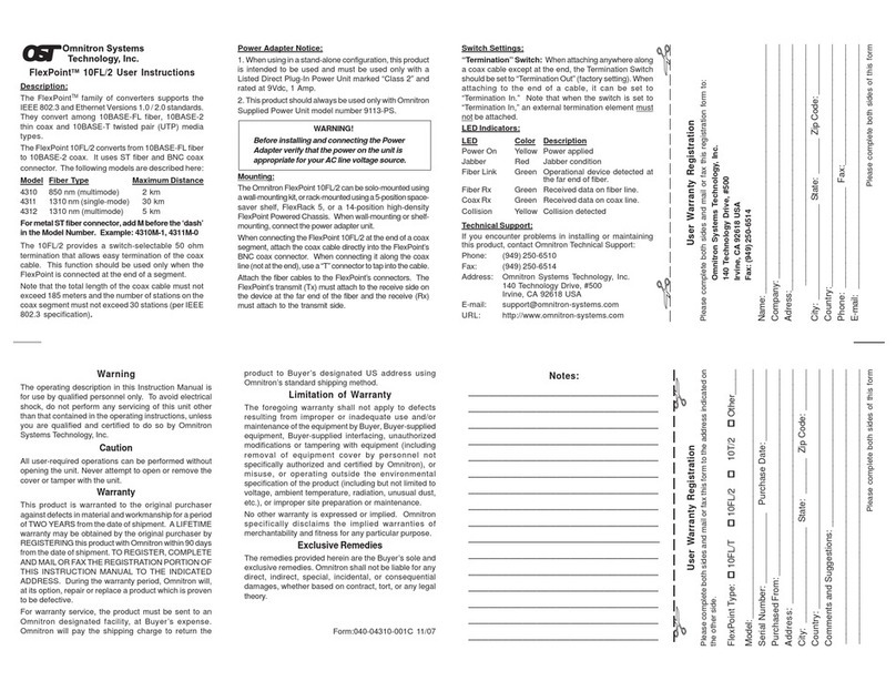 Omnitron Systems Technology FlexPoint 10FL/2 Manuel utilisateur Omnitron Systems Technology FlexPoint 10FL/2 Manuel utilisateur