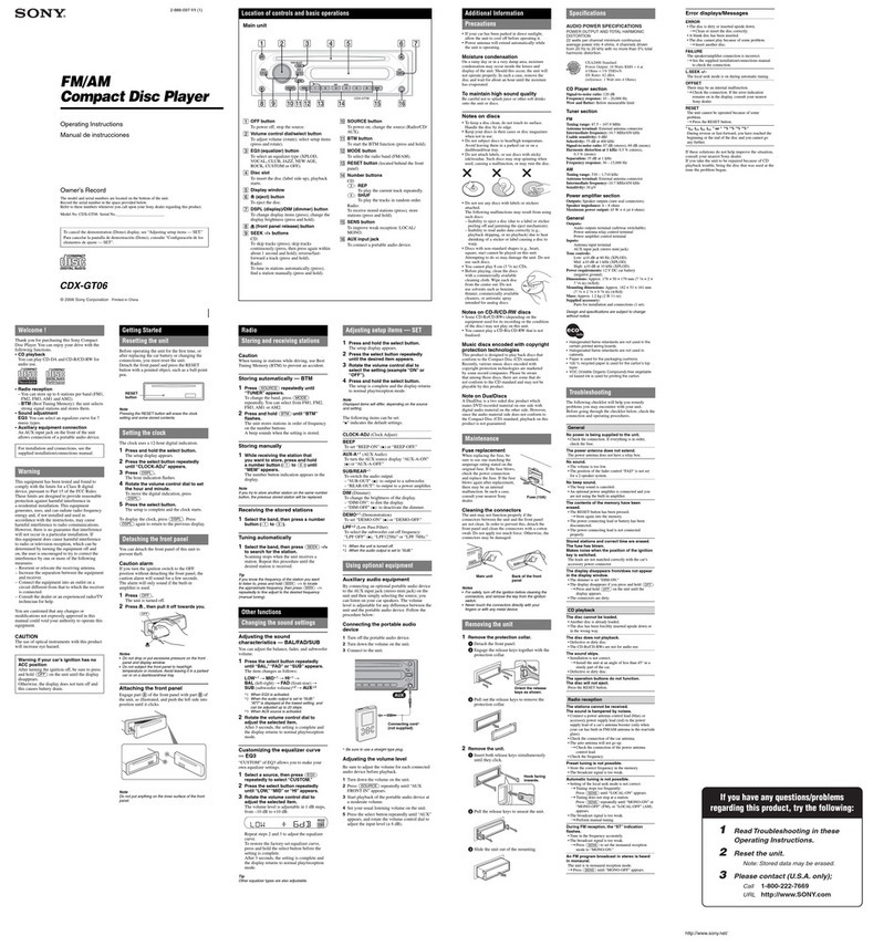 Sony CDX-GT06 - Fm/am Compact Disc Player Manuel utilisateur