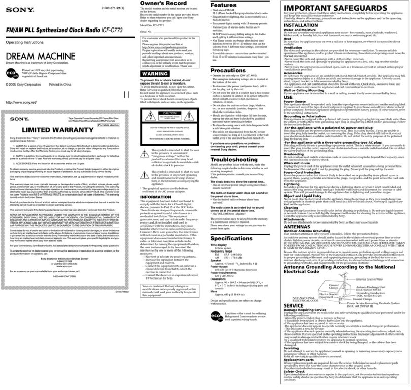 Sony Dream Machine ICF-C773 Manuel utilisateur