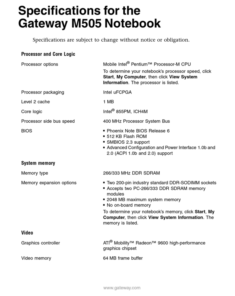 Gateway M505 Manuel utilisateur Gateway M505 Manuel utilisateur