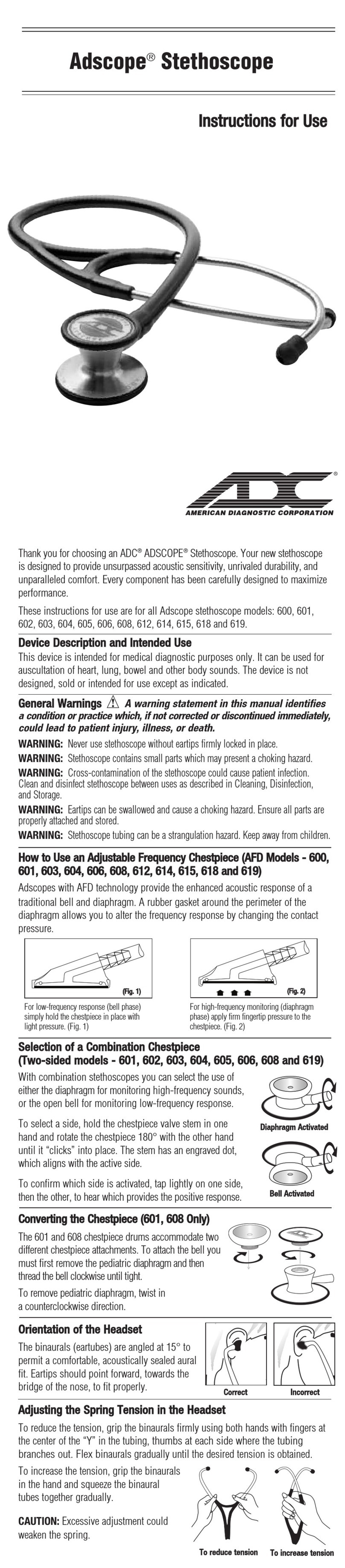 ADC Adscope Stethoscope 600 Manuel utilisateur ADC Adscope Stethoscope 600 Manuel utilisateur