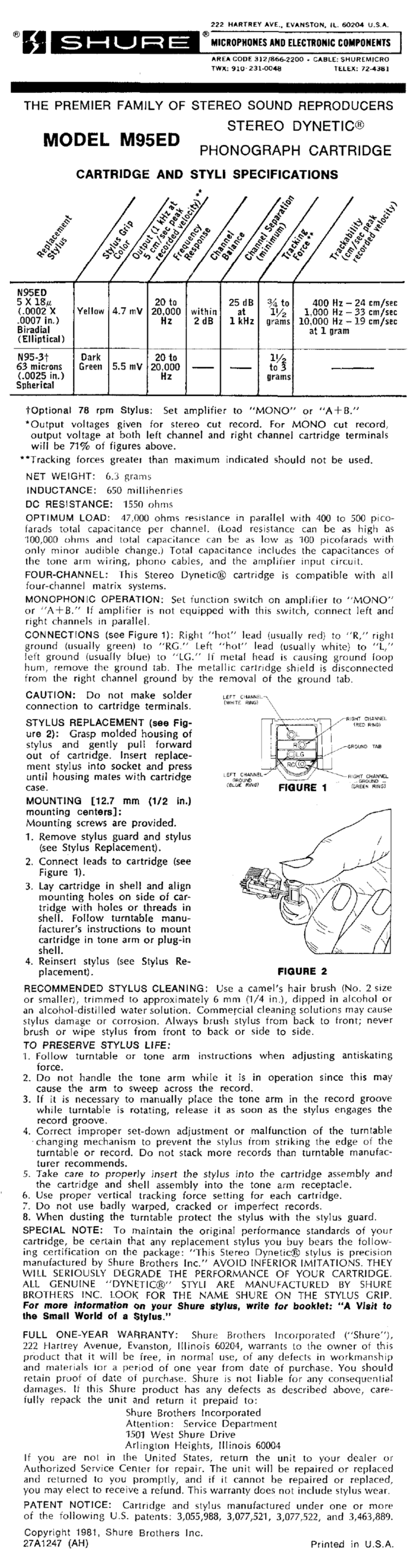 Shure M95ED Manuel utilisateur