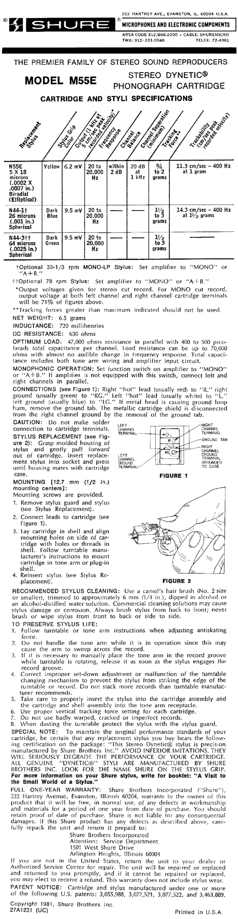 Shure M55E Manuel utilisateur