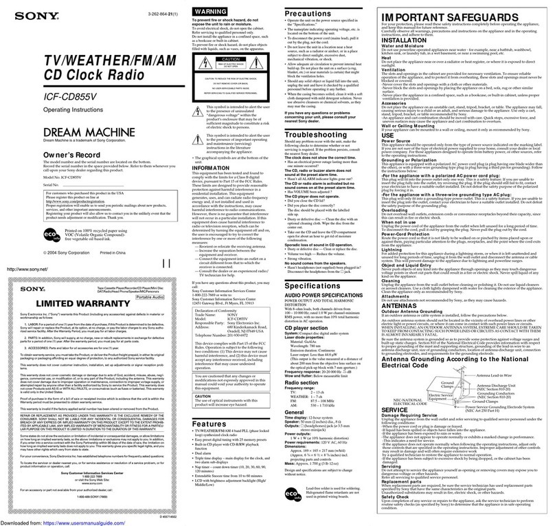 Sony ICF-CD855V - Cd Clock Radio Manuel utilisateur